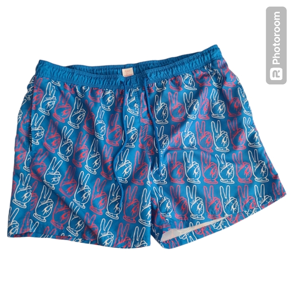 Swim trunks blue shorts white and red peace signs all‎ over print XL